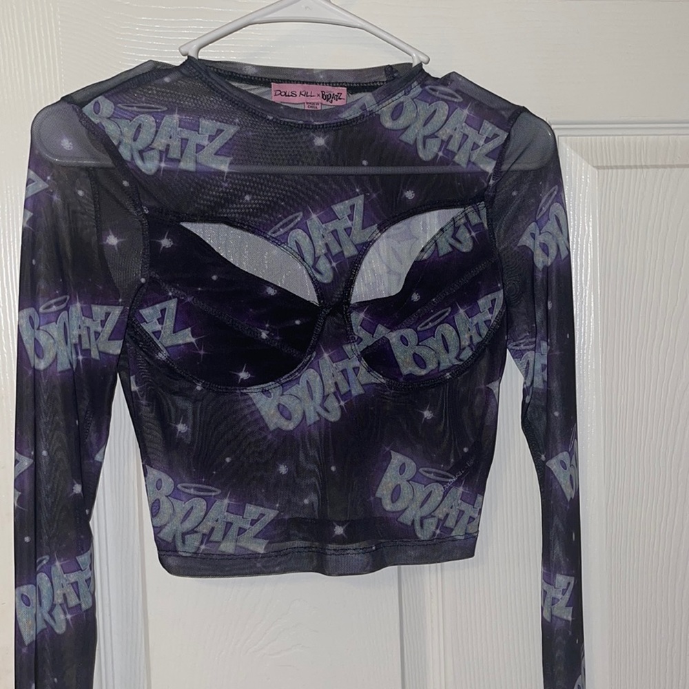 XXS Black & Purple Long Sleeve Mesh Bratz X Dolls Kill Crop Top
